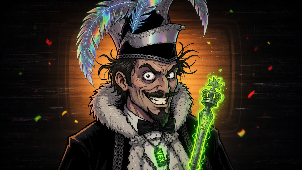 BOEMAN in a warm amber CRT glow, with a feathered hat, a fur collar, confetti, and a green staff.