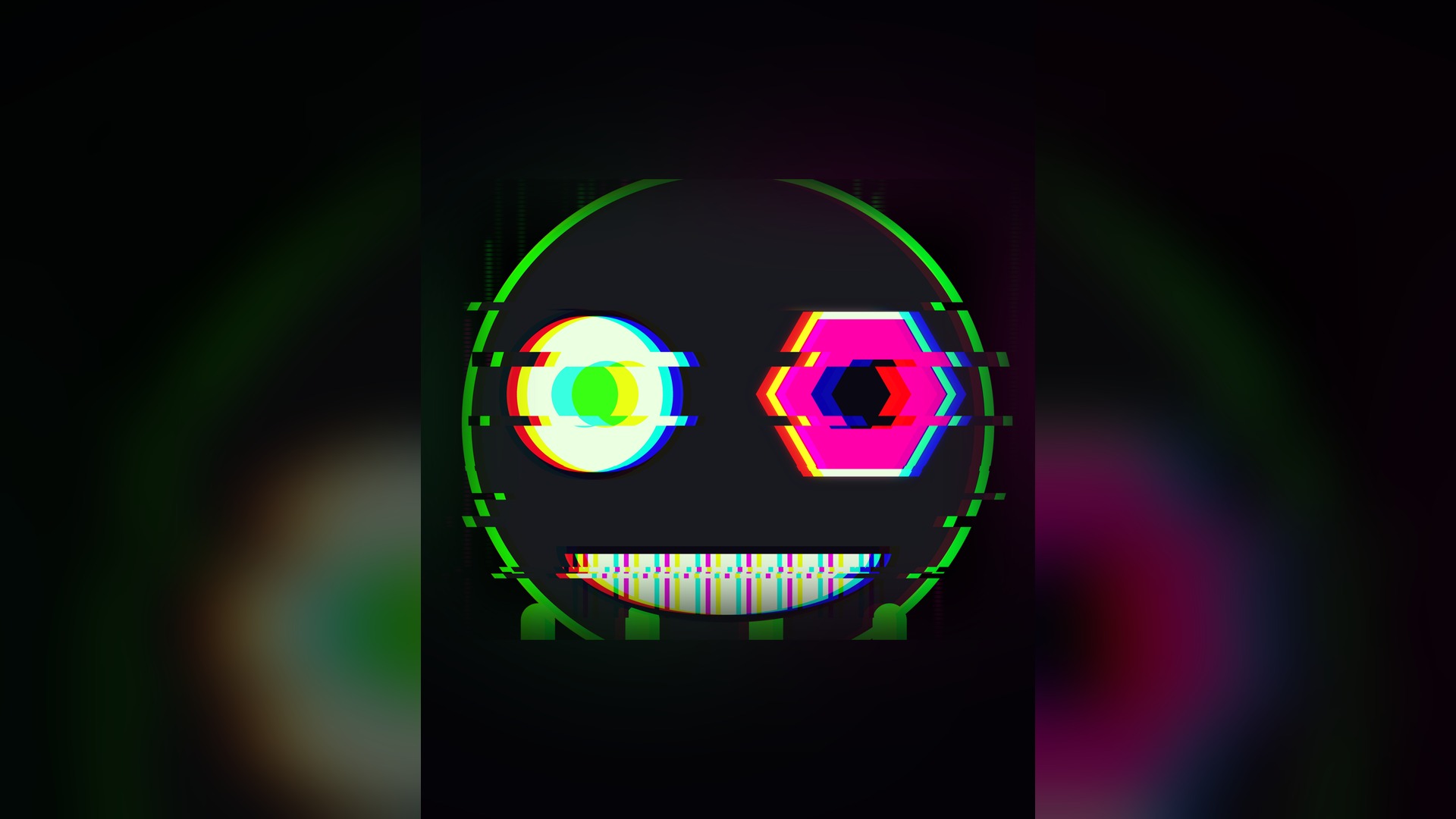 N10NYX glitch face: toxic green and magenta, one eye and a hexagon, with an RGB split.