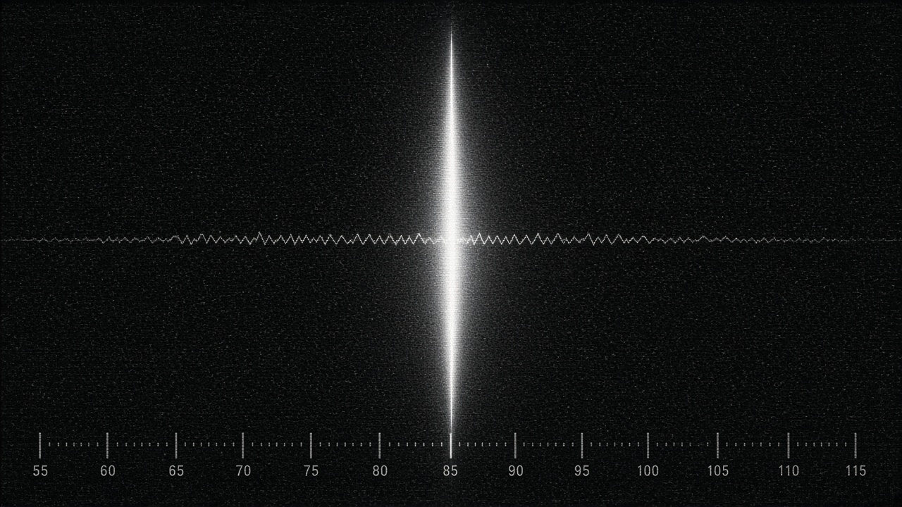 Black void with one vertical slit of cold white light, analog TV noise, and a radio scale with a carrier wave.